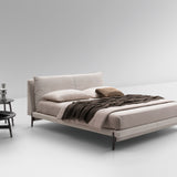 Kim Bed, cream fabric, dark feet, front view