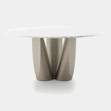 Ditre Italia Sentei Dining Table, round table with white marble top and pewter base, front view