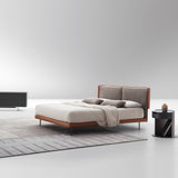 Skin Bed, taupe fabric, wood frame, front view