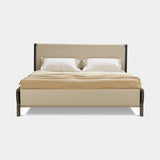 Doria Saddle Leather Luxury Bed in cream upholstery with rosso bulgaro saddle leather