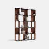 Drury Curved Leather Luxury Bookcase: matt walnut veneer with curved dark leather sides and an Emperador marble base