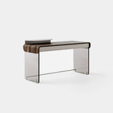 Edison Glass Base Luxury Writing Desk: matt dark wood top with a glass base and left side shelf