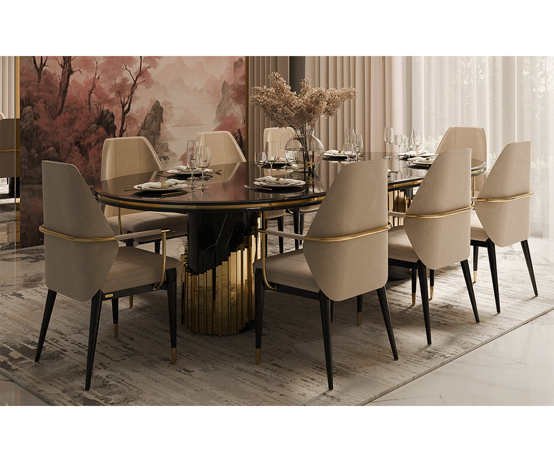 Contemporary dining chair with polished brass armrests and premium grey leather upholstery