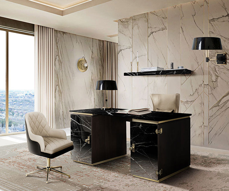 Sleek and modern Essential Home desk with walnut veneer, marble top, and brass accents