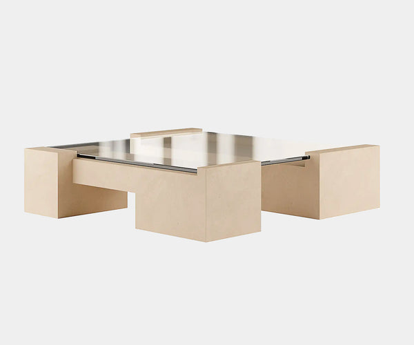 Contemporary coffee table featuring sand-coloured micro-cement and tempered glass top.