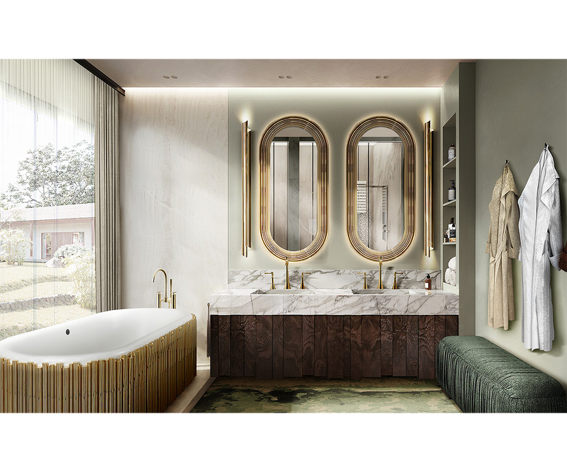 Elegant Nazca Vanity Cabinet with walnut root veneer and Carrara marble top, perfect for high-end bathroom interiors.