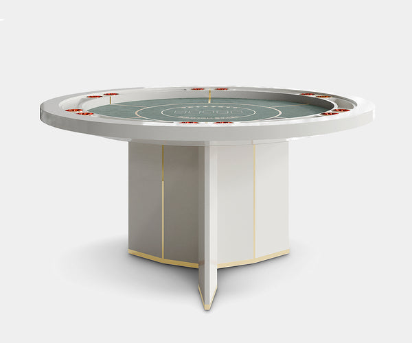 Luxury round poker table in Eucalipto Frisé veneer with polished brass and grey velvet by LUXXU.