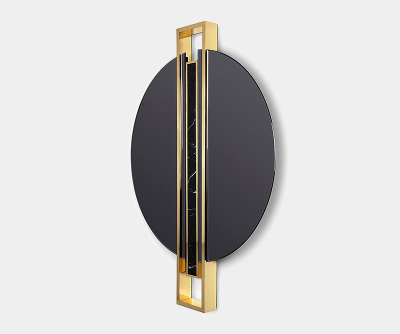 Elegant round mirror by Maison Valentina featuring a polished brass structure and marble bar.