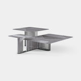 Giorgio Collection Moonlight Triple Coffee Table in high gloss curly eucalyptus and satin grey nickel
