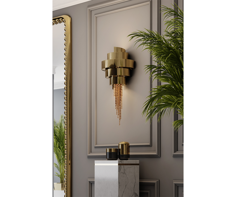 Modern Hallway Wall Sconce: Prisma with Gold & Crystal Accents