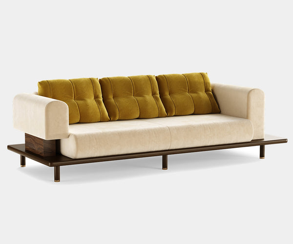 Grant: Modern Asymmetrical Sofa in Fabric & Matte Wood Frame.  The Grant sofa by Mezzo Collection embodies modern elegance. This captivating design features a unique asymmetrical silhouette, plush fabric upholstery in a range of colors, and a beautiful matte wood frame, creating a statement piece for any modern living space.