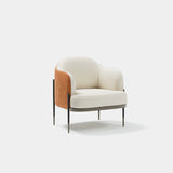 Harlow Floating Frame Luxury Armchair: tan leather outer shell with ivory fabric seat and back (Cat B), black legs with metal tips