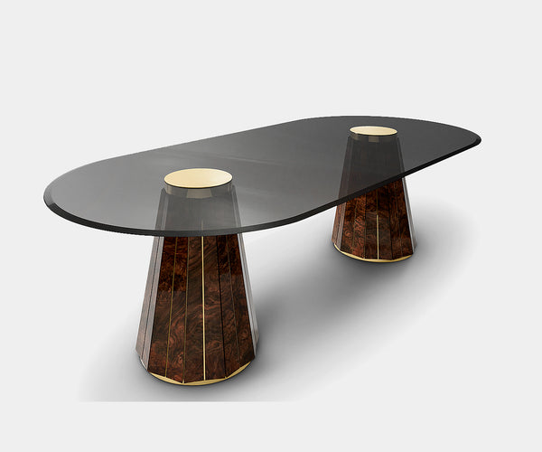 Luxury walnut root and brass oval dining table with smoked glass top by Luxxu