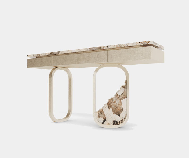 Iguazu Console Table: Matte Champagne Finish & Patagonia Marble.