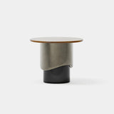 Iris Fused Glass Luxury Side Table: gloss black lacquer base with fused glass and a walnut top