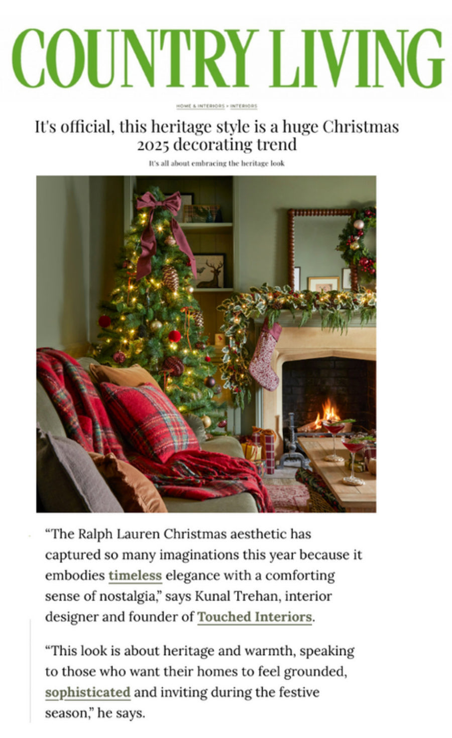 Kunal Trehan of Touched Interiors featured in Country Living, November 2025: This Heritage Style Is a Huge Christmas 2025 Decorating Trend