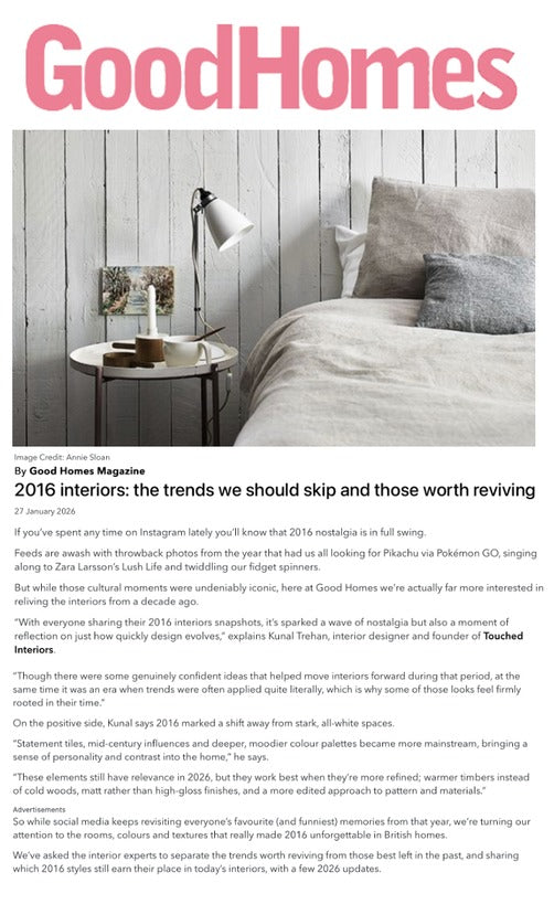 Kunal Trehan of Touched Interiors featured in Good Homes, February 2026: 2016 Interiors: The Trends to Skip and Those Worth Reviving