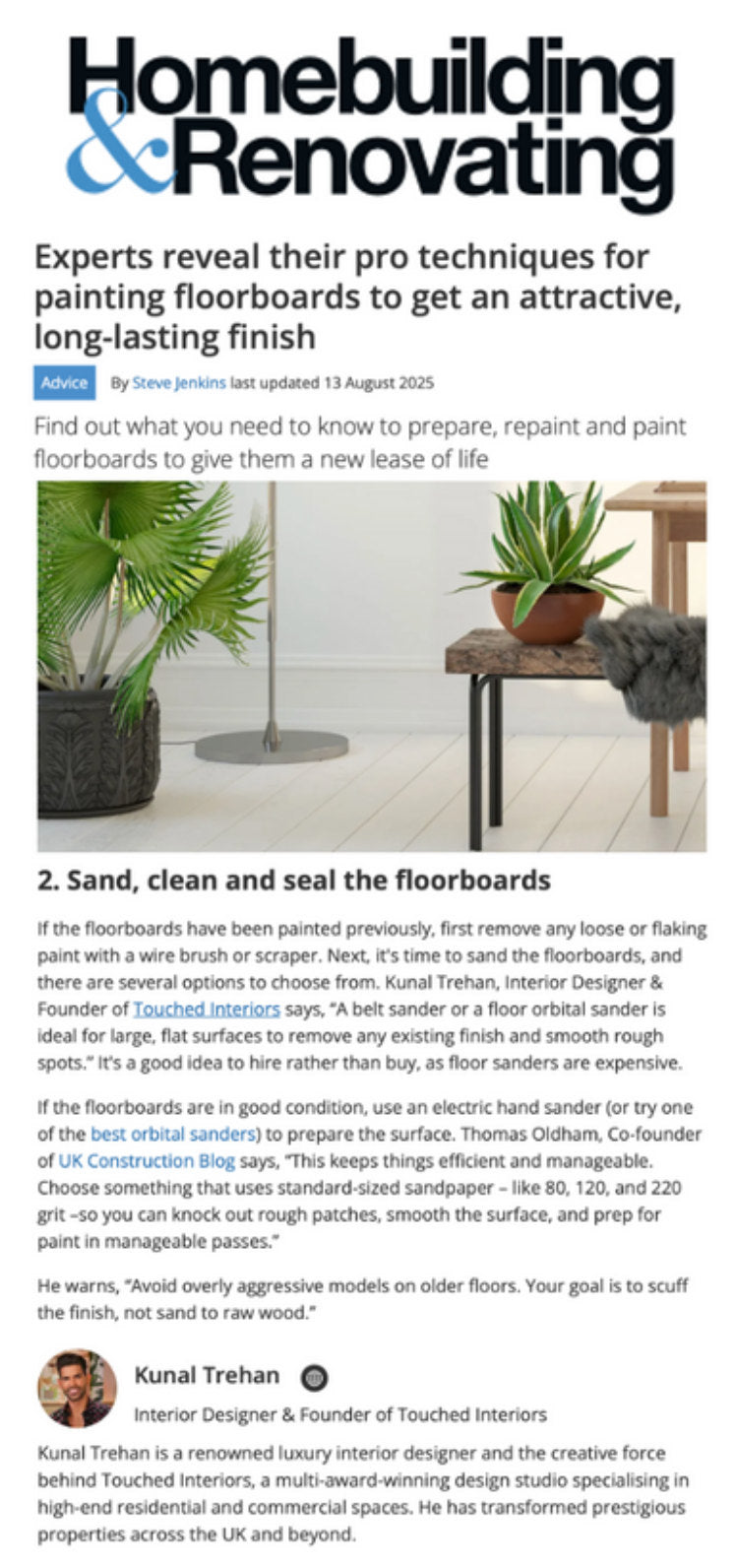 Kunal Trehan of Touched Interiors featured in Homebuilding & Renovating, October 2025: Pro Techniques for Painting Floorboards