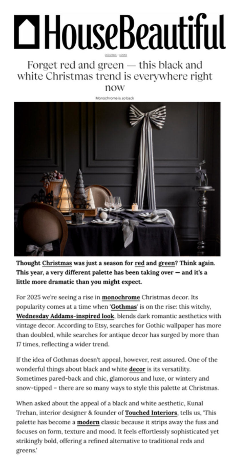 Kunal Trehan of Touched Interiors featured in House Beautiful, November 2025: Forget Red and Green: This Black and White Christmas Trend Is Everywhere