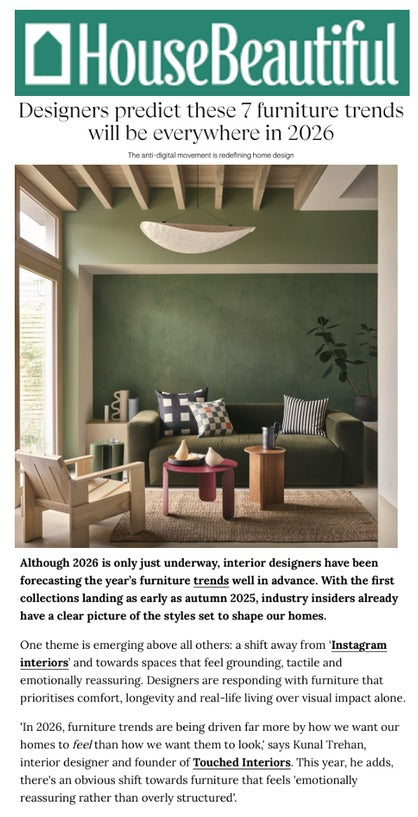 Kunal Trehan of Touched Interiors featured in House Beautiful, January 2026: Designers Predict These 7 Furniture Trends Will Be Everywhere in 2026