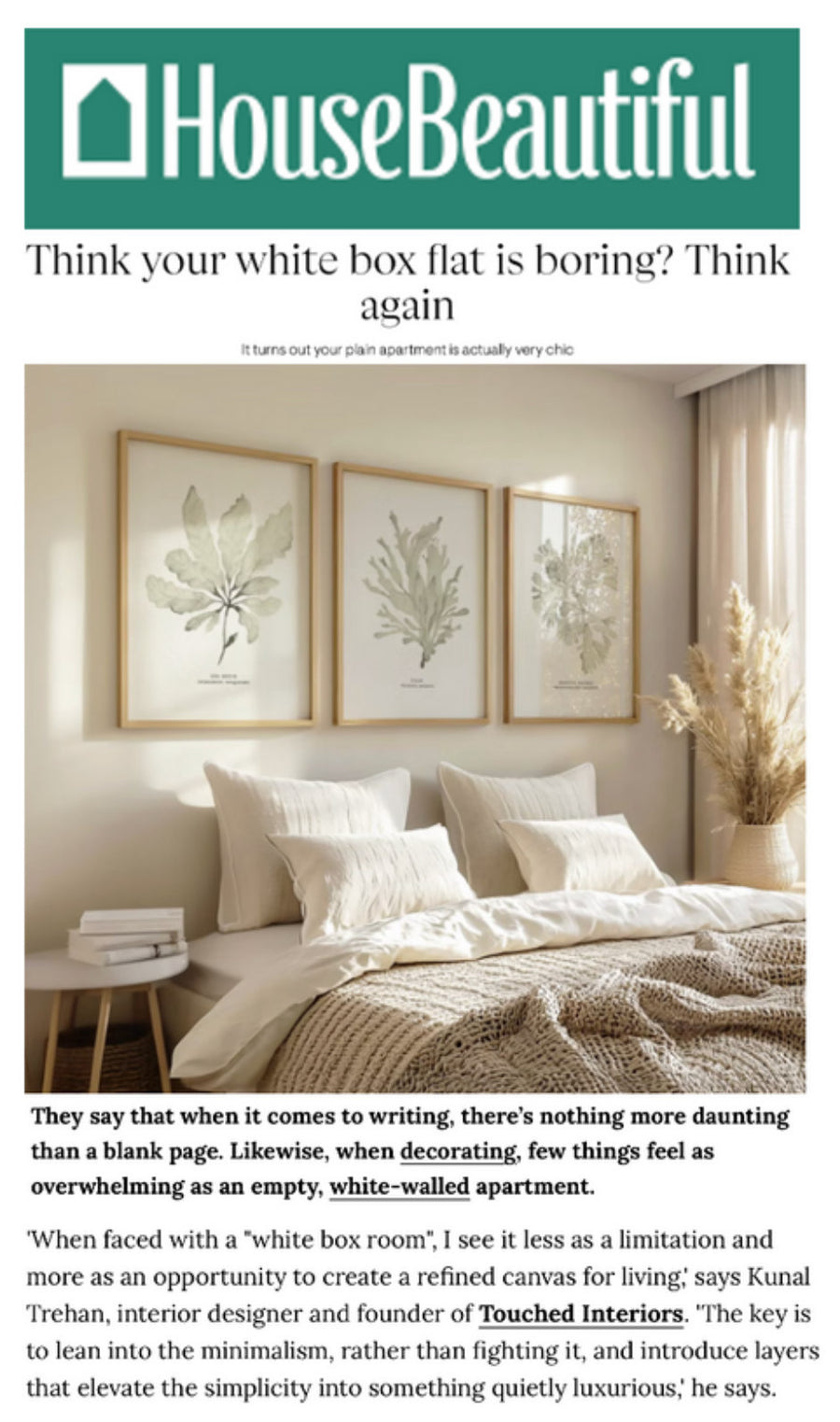 Kunal Trehan of Touched Interiors featured in House Beautiful, October 2025: Think Your White Box Flat Is Boring? Think Again