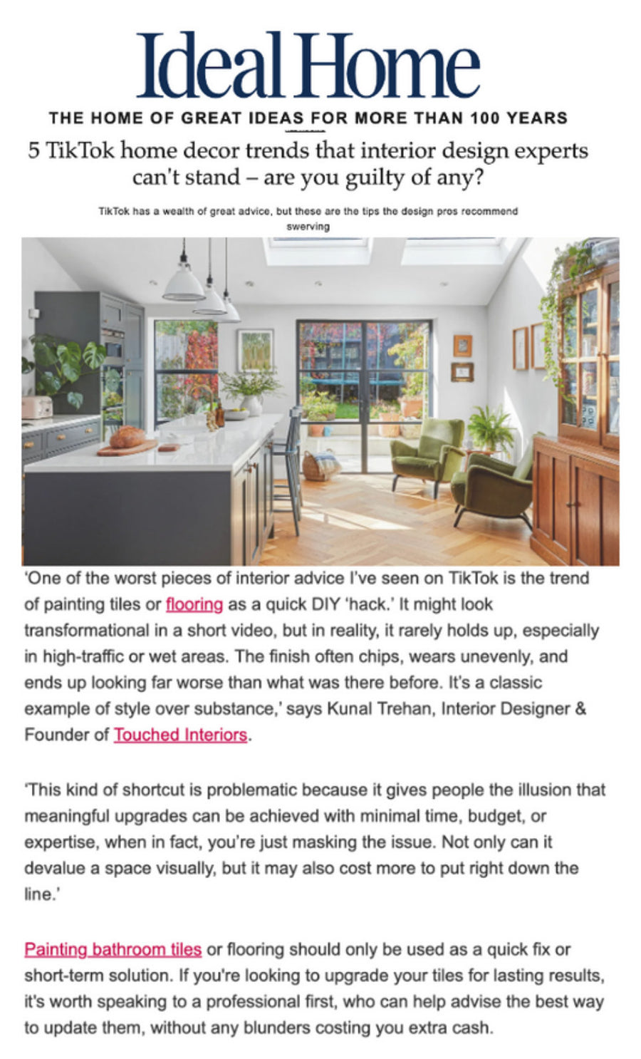 Kunal Trehan of Touched Interiors featured in Ideal Home, August 2025: 5 TikTok Decor Trends Interior Design Experts Can’t Stand