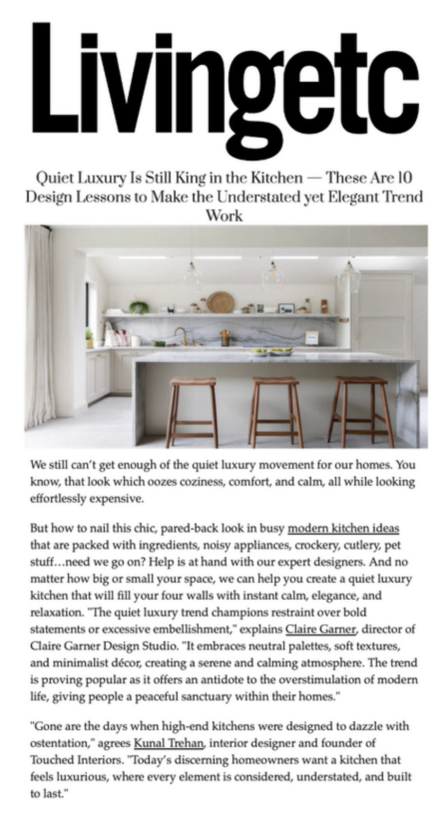 Kunal Trehan of Touched Interiors featured in Livingetc, May 2025: Quiet Luxury Is Still King in the Kitchen: 10 Design Lessons