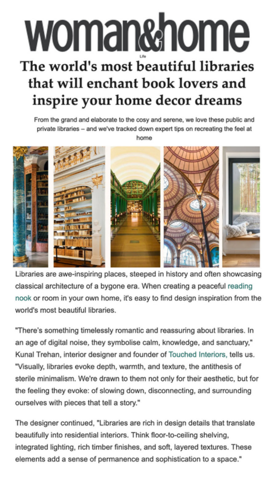 Kunal Trehan of Touched Interiors featured in Woman & Home, May 2025: The World’s Most Beautiful Libraries