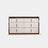 Lennox Leather Drawer Luxury Chest of Drawers: matt dark wood veneer with ivory genuine leather drawer fronts (Cat B)