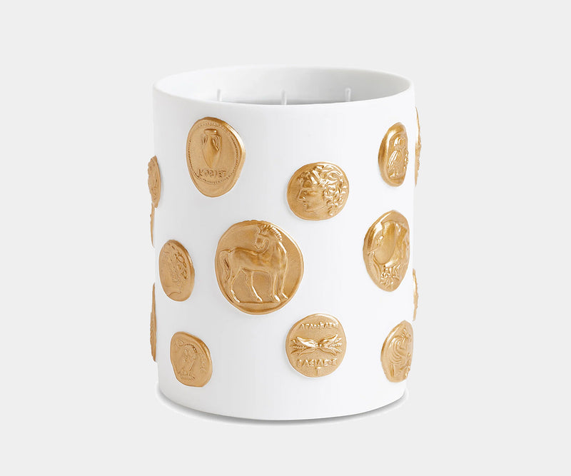 L'Objet Médaille Candle featuring luxury white porcelain and 24k gold coins, perfect for Christmas gifting.