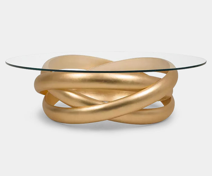 Christopher Guy Galaxy Gold Leaf Coffee Table with clear glass top and hand-carved wooden rings in 21st Century Gold Leaf finish, perfect for luxury living room decor.