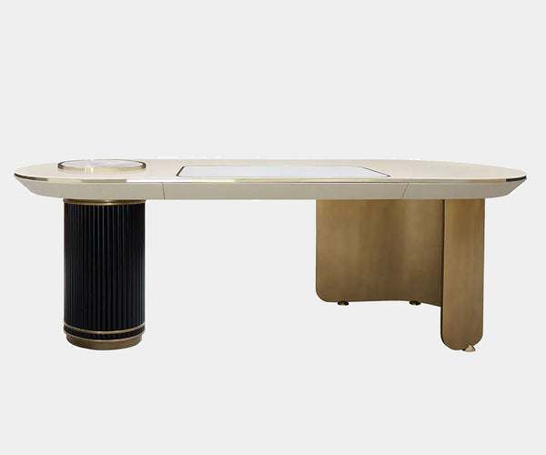 Luxury customisable office desk featuring marble, brass, and leather by Porus Studio.