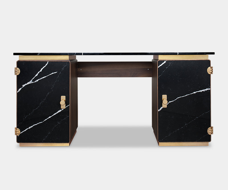 Luxury Essential Home Lasdun Desk with walnut veneer and Nero Marquina marble