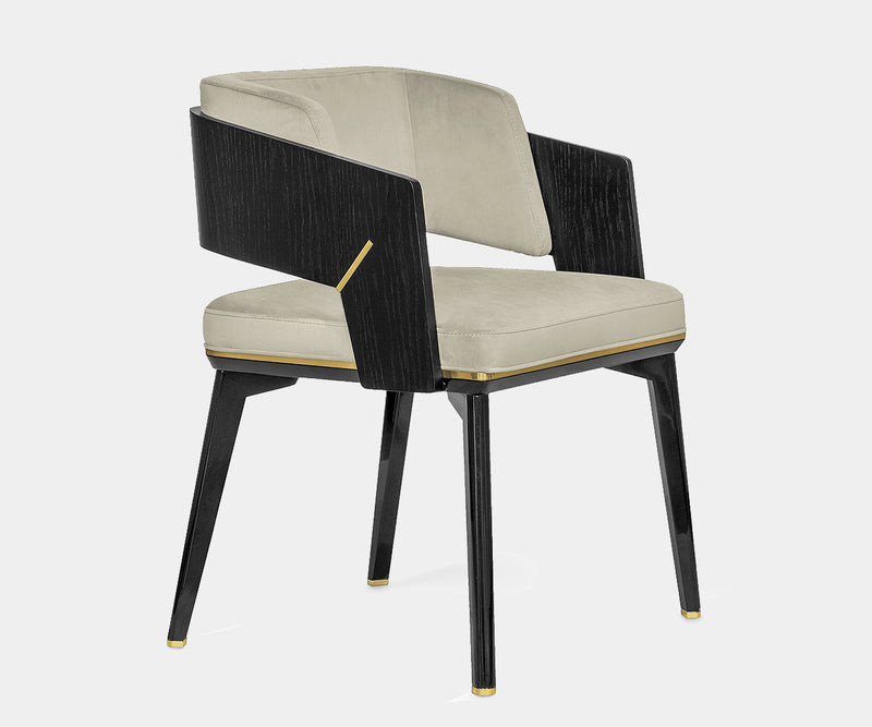 Luxxu Galea II luxury dining chair with brown velvet upholstery and polished brass accents