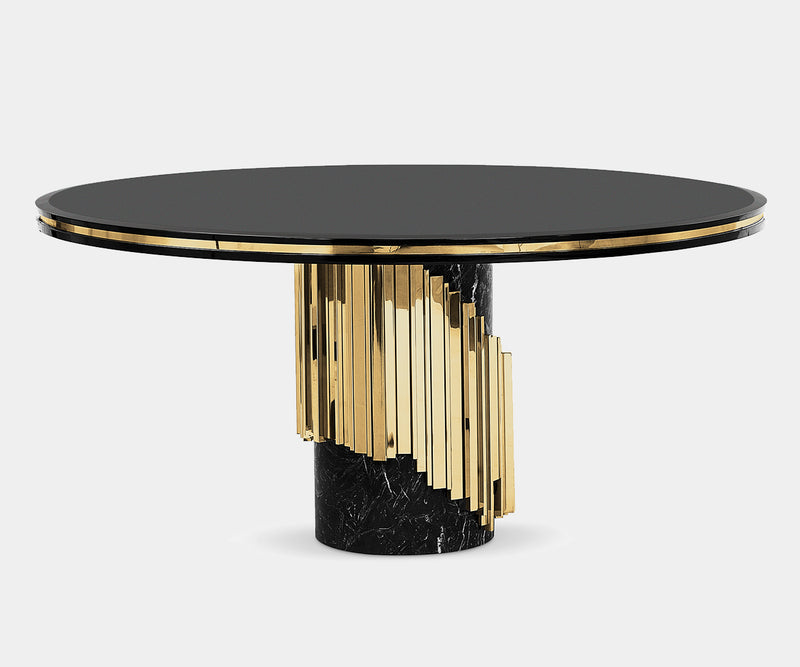 Helix Coiling Dining Table: A Luxury Dining Experience: The Helix Coiling Dining Table features a Nero Marquina marble top and a polished brass base, creating a captivating centerpiece for your luxury dining room.