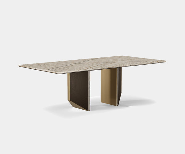 Modern Minimalist Dining Room: Parallel Lines Table - Elevate your minimalist dining space with the Parallel Lines Dining Table by Outline. This sleek table boasts a walnut veneer tabletop complemented by a base featuring striking parallel brass legs.