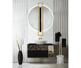 Bespoke Shield Mirror featuring a polished brass finish and elegant Nero Marquina marble bar.