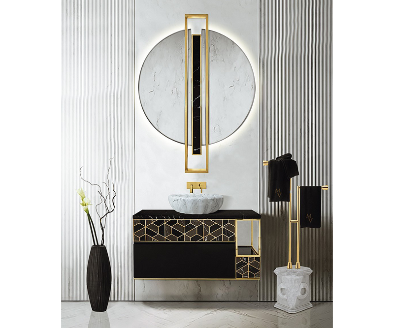 Bespoke Shield Mirror featuring a polished brass finish and elegant Nero Marquina marble bar.