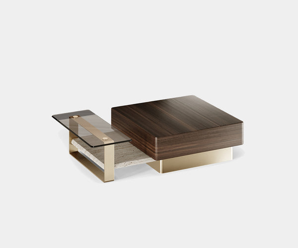 Modern Luxury: Deconstruct Center Table with Smoked Glass Top - Experience the fusion of modern luxury and deconstructed design with the Deconstruct Center Table by Outline.  This asymmetrical table features a stunning eucalyptus veneer top contrasted with a smoked glass surface, all supported by a sleek brass base. A conversation starter for your luxury living space.