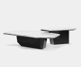 Elegant modern center table from Luxxu’s Algerone Set II with a sleek Statuario marble surface and wood veneer base