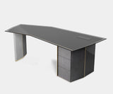 Elegant Algerone Desk with grey leather and Eucalyptus Frisé veneer finish.