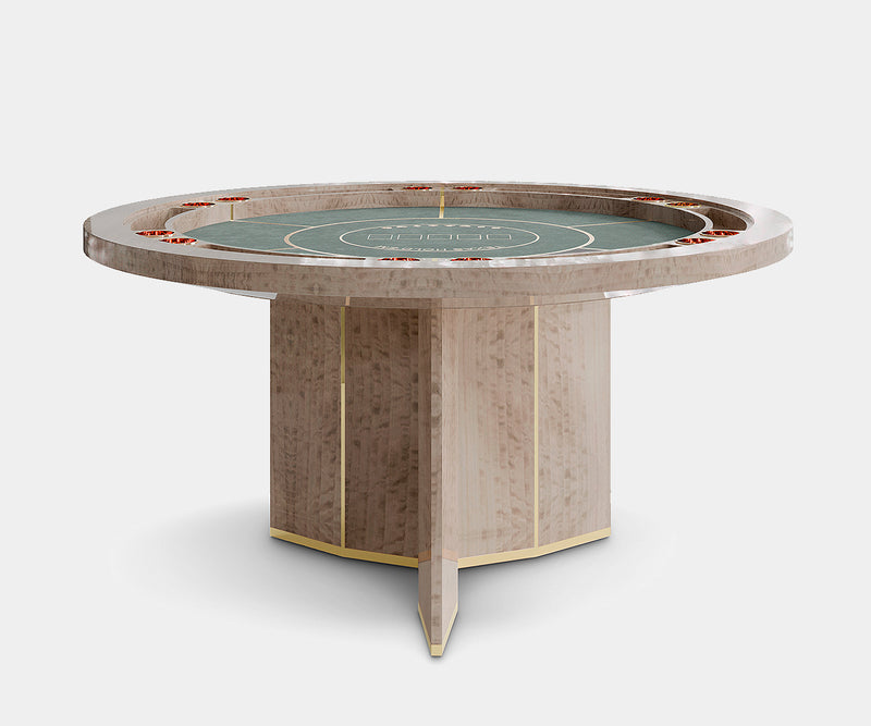 LUXXU round poker table in Eucalipto Frisé veneer with polished brass accents and grey velvet padding.