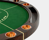 Sophisticated poker table for luxury game rooms with walnut root body, brass accents, and velvet finish.