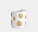 Elegant Médaille Candle by L'Objet, crafted from white porcelain and 24k gold coins for luxury home décor.