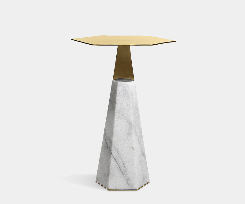 High-end Myllo side table by Luxxu with sleek brass frame and marble surface