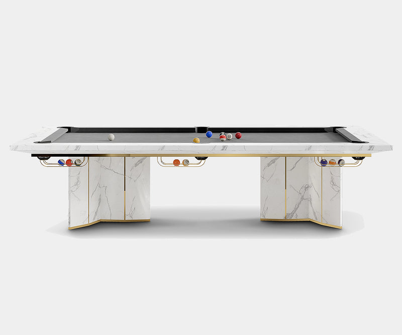 Luxury Statuario marble snooker table with polished brass accents and grey velvet padding by LUXXU.