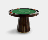 Luxury walnut root poker table with polished brass and grey velvet by LUXXU.