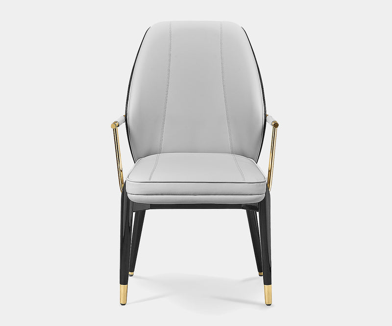 Modern dining chair featuring polished brass armrests and glossy eucalyptus veneer