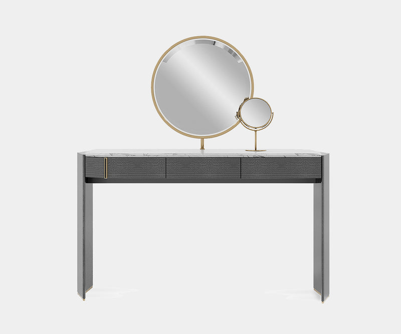 Luxxu Algerone dressing table with Statuario marble top and Eucalyptus Frisé Veneer base