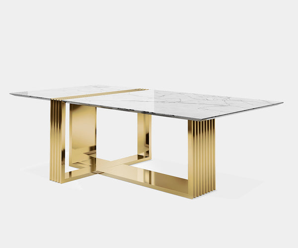 Luxxu Vertigo Rectangular Dining Table with Carrara marble top and polished brass geometric base